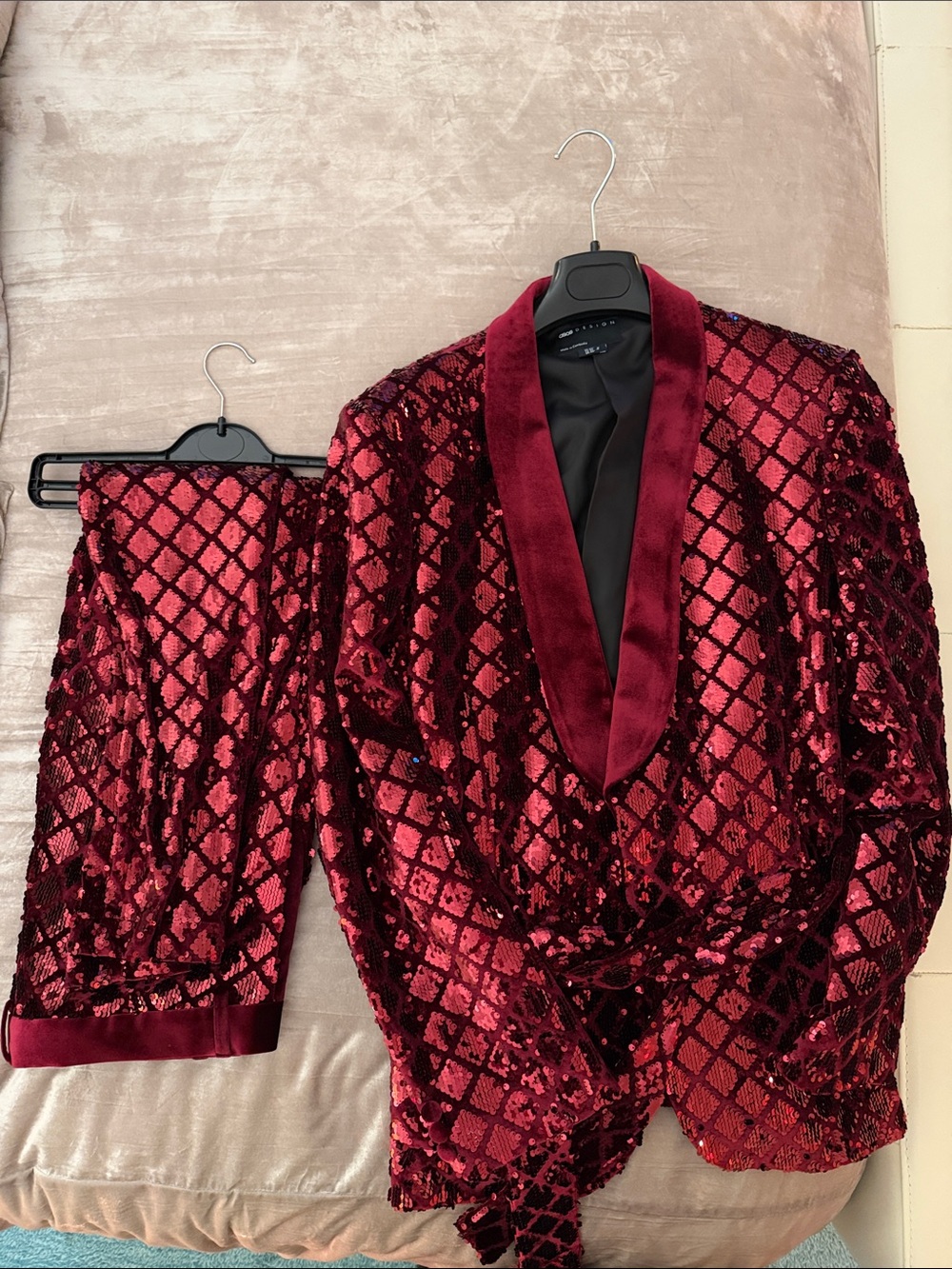 ASOS Red Velvet Diamond Sequin Burgundy Skinny Suit